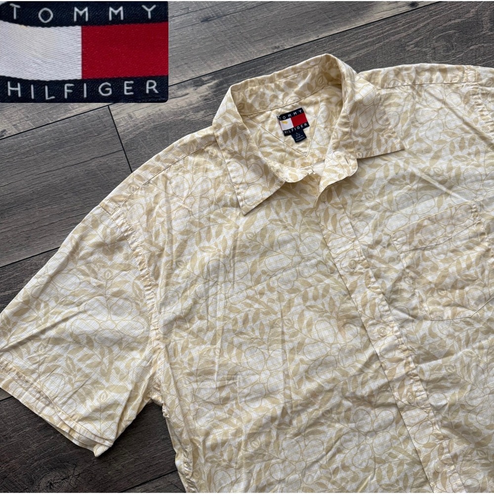 VTG Tommy Hilfiger Yellow Floral Leaf Grid Cotton Hawaiian Shirt Tropical Mens L